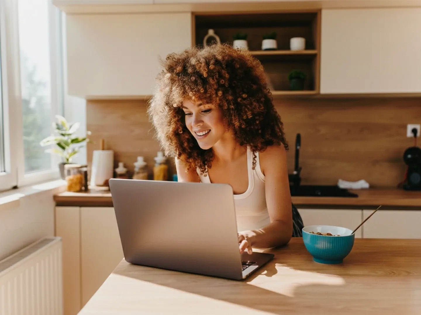 A smiling woman with curly hair uses a laptop at a kitchen counter next to a bowl of breakfast.